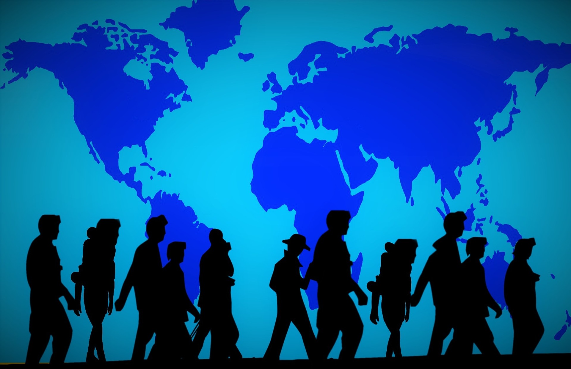 Quadro con persone che camminano da sinistra verso destra con dietro cartina mondiale con tutti i continenti